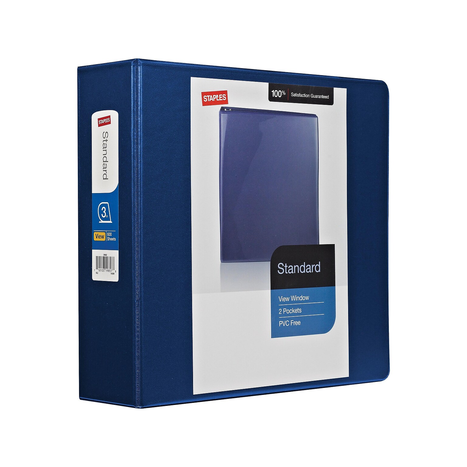 Staples Standard 3-Inch 3-Ring View Binder, Holds Up to 600 Sheets, Blue, Large Capacity Binder for Office & School