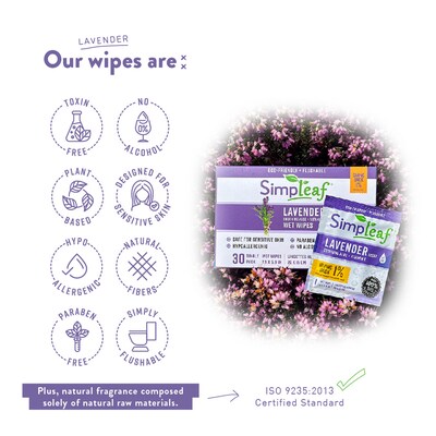 Simpleaf Lavender Scented Flushable Wipes, 30 Single Wipes/Box, 6 Boxes/Carton (S-006-180counts)