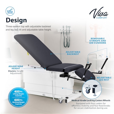 Viva Comfort XRO Electric Height and Back Adjustable Exam Table with Stirrups, 600 lb Capacity, Black (ADI903-24-BLK-MK)