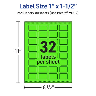 Avery Laser/Inkjet Multipurpose Rectangle Labels, 1" x 1.5", Neon Green, 2560/Box (94219)