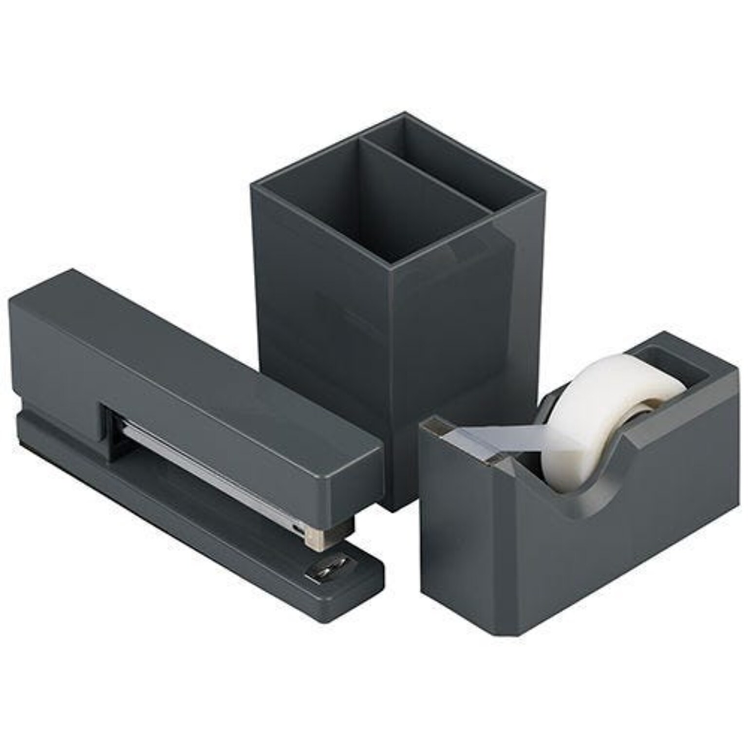 JAM PAPER Desk Trio Pack, Grey, Stapler, Tape Dispenser & Pen Holder, 3/Pack (337841gys)