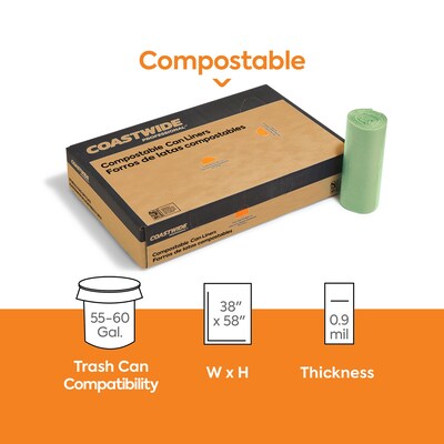 Coastwide Professional™ 55-60 Gallon Compostable Bag, 38 x 58, Low Density, 0.9 Mil, Green, 100 Ba