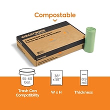 BioTuf 55-60 Gallon Compostable Industrial Trash Bag, 38 x 58, Low Density, 0.9 Mil, Light Green,