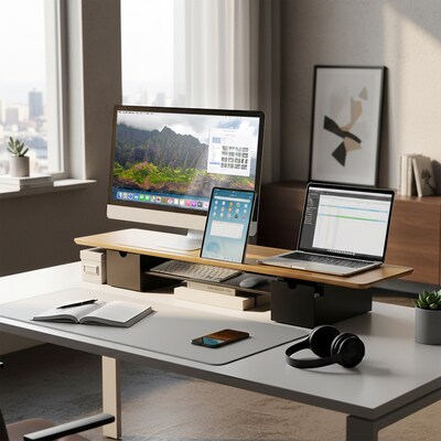 Mount-It! Extra Wide Monitor Riser with Drawers and Shelf, Holds up to 66 lbs., Bamboo, (MI-7369)