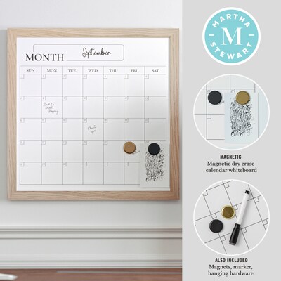 Martha Stewart Everette Magnetic Dry Erase Monthly Calendar Set, Engineered Wood Frame, 18 x 18 (B