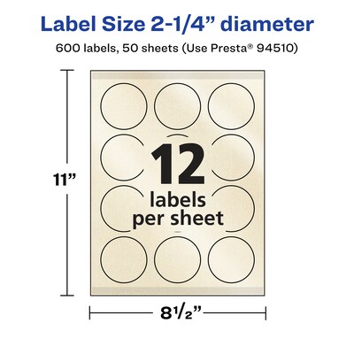Avery Pearlized Ivory Circle Multipurpose Labels, 2.25" Dia., Ivory, 600/Box (94510)
