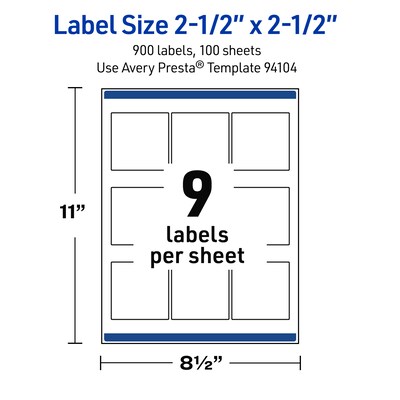 Avery Square Laser Multipurpose Labels, 2.5" x 2.5", White, 900/Box (19479399475)