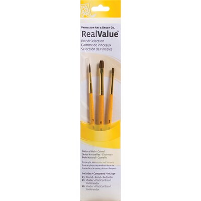 Princeton RealValue Mixed Media Natural Camel Variety Brush Set, Assorted, 3/Set, 6 Sets/Bundle (PBX