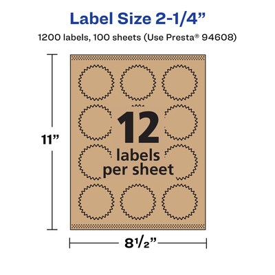 Avery Laser/Inkjet Burst Multipurpose Labels, 2.25" Dia., Kraft Brown, 1200 Labels/Box ( 94608)