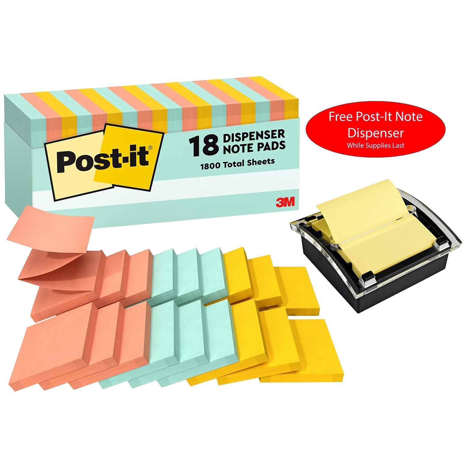 Free Post-It Note Dispenser ($13 value) w/Purchase, 3 x 3 Pop Up Sticky Notes, Beachside 100 Sheets/Pad, 18 Pads/Pk