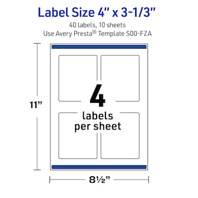 Avery Rectangle Laser/Inkjet Multipurpose Labels, 4" x 3-1/3", White, 40/Pack (19479370880)