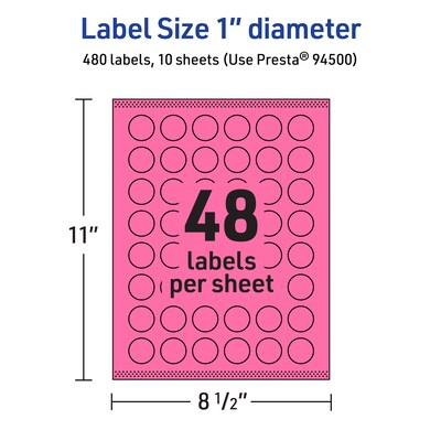 Avery Laser/Inkjet Round Multipurpose Labels, 1" Dia., Bright Pink, 480/Pack (94500)