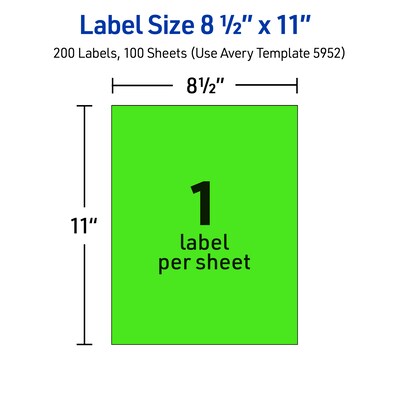 Avery Laser Shipping Labels, 8-1/2" x 11", Neon Green, 100 Labels/Box (5940)