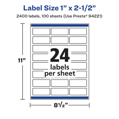 Avery Laser/Inkjet Rectangle Multipurpose Labels, 2.5"  x 1", Glossy White, 2400/Box (94221)
