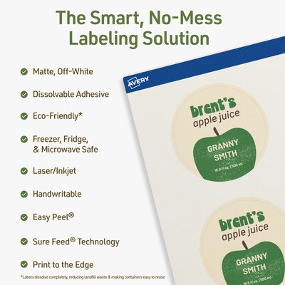 Avery Dissolvable Circle Multipurpose Labels, 2.75 Dia., Off-white, 150/Pack (94512)