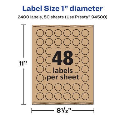 Avery Laser/Inkjet Round Multipurpose Labels, 1" Dia., Kraft Brown, 2,400 Labels/Box (94500)