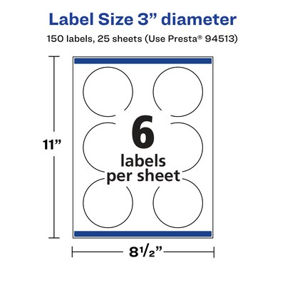 Avery Laser/Inkjet Round Multipurpose Labels, 3" Dia., Glossy Clear, 150 Labels/Pack (94513)