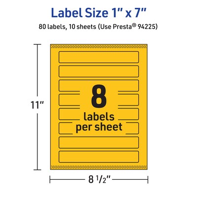 Avery Laser/Inkjet Rectangle Multipurpose Labels, 1" x 7", Bright Yellow, 80/Pack (94225)