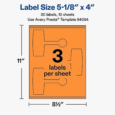Avery Laser/Inkjet Sealing Labels, 5-1/8" x 4", Bright Orange, 30 Labels/Pack (19479370720)