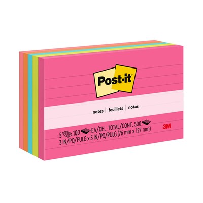 Post-it® Notes, 3 x 5, Poptimistic Collection, Lined, 100 Sheets/Pad, 5 Pads/Pack (635-5AN)