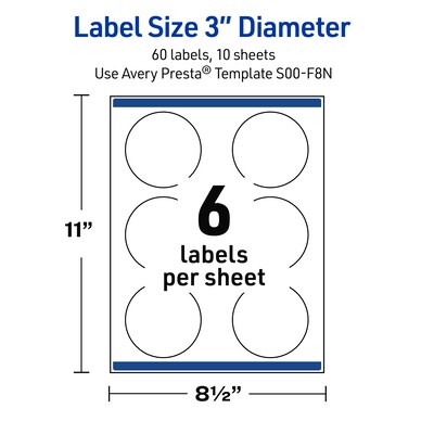 Avery Laser/Inkjet Circle Multipurpose Labels, 3" Dia., White, 60/Pack (S00-F8N)