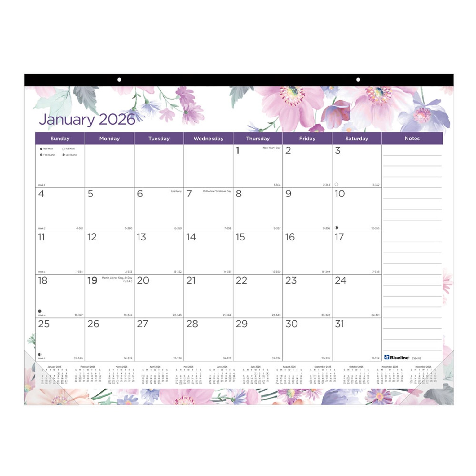 2026 Blueline Colorful Passion Floral 22 x 17 Monthly Desk Pad Calendar, Multi (C194113)