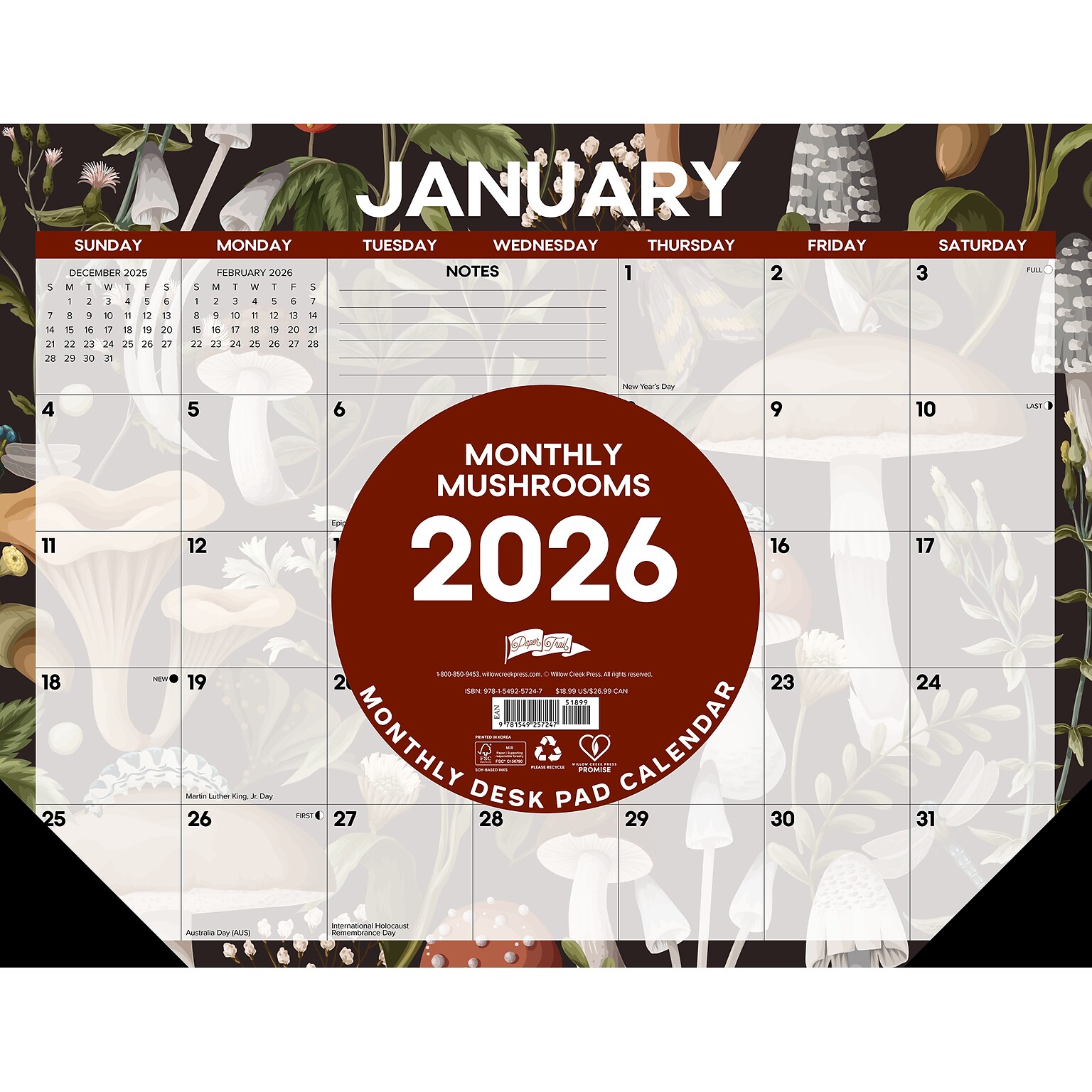 2026 Willow Creek Monthly Mushrooms 22 x 17 Monthly Desk Pad Calendar (57247)