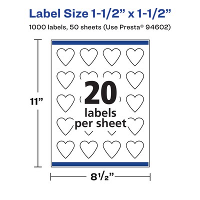 Avery Waterproof Heart Shaped Laser/Inkjet Multipurpose Labels, 1.5" x 1.5", White, 1000/Box (94602)