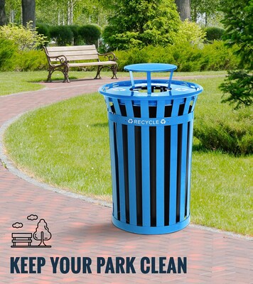Alpine Industries Metal Commercial Outdoor Recycling Receptacle with Rain Bonnet Lid, 38 Gallon, Black/Blue (479-38-1-BLU)