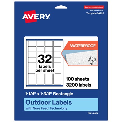 Avery Waterproof Rectangle Laser Multipurpose Labels, 1.25 x 1.75, White, 3200/Box (19479399263)