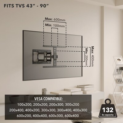 Mount-It! ADA Compliant Full Motion TV Wall Mount With Ultra-Slim Profile For 43" to 90" Screens,130 lbs. Max. (MI-309)