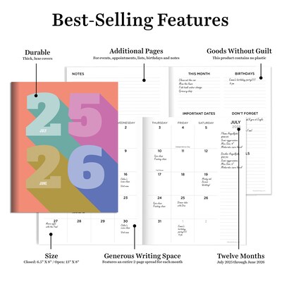 2025-2026 TF Publishing Big Bold 6.5" x 8" Academic Year Monthly Planner, Paperboard Cover, Multicolored (AY26-4200)