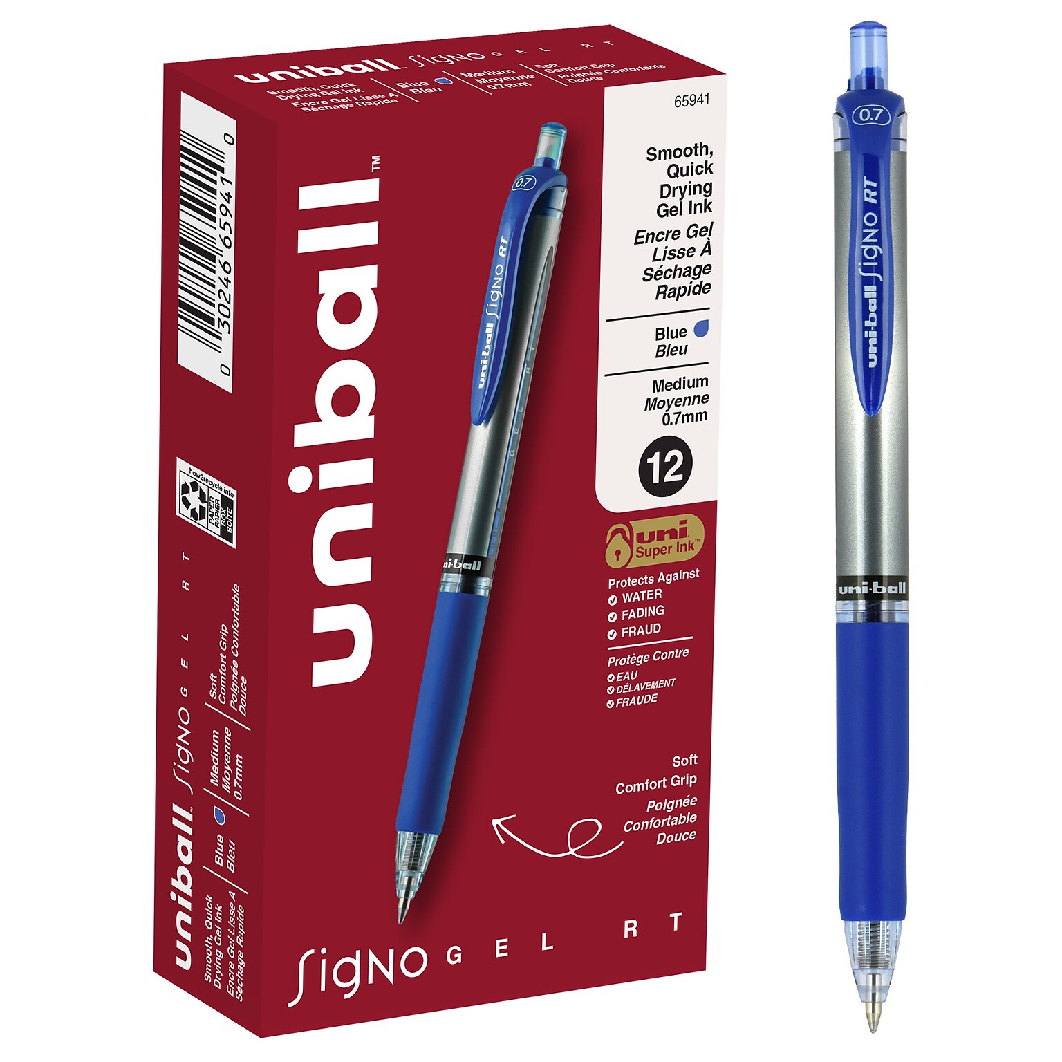 uni-ball Signo RT Gel Pens, Medium Point, 0.7mm, Blue Ink, Dozen (65941)