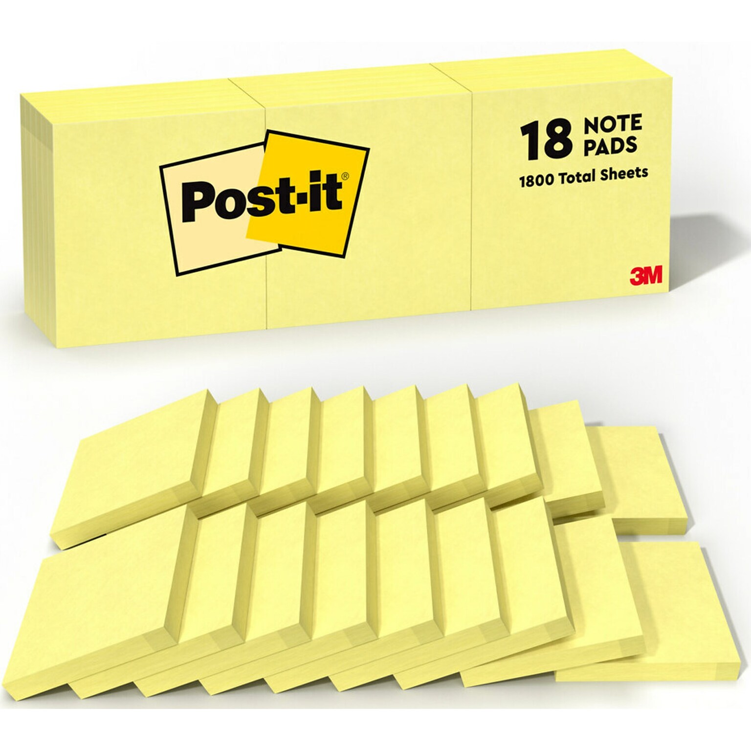 Post-it Notes, 3 x 3, Canary Collection, 100 Sheet/Pad, 18 Pads/Pack (654-14+4YW)