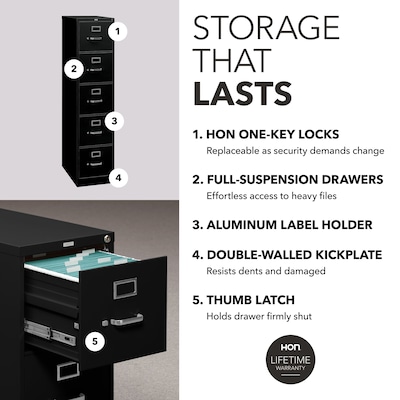 HON 310 Series 5-Drawer Vertical File Cabinet, Legal Size, Lockable, 60"H x 18.25"W x 26.5"D, Black (HON315CPP)