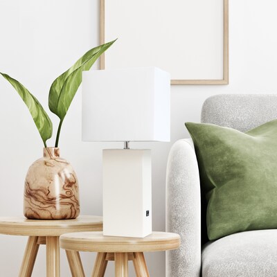 Lalia Home Lexington 21" Modern Bedside Table Lamp, White Rectangular Fabric Shade, Feit LED Bulb, White (LHT-3012-WH-LB)