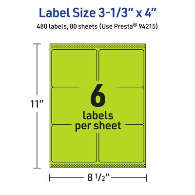 Avery Rectangle Multipurpose Labels, 3-1/3" x 4", Bright Green, 480/Box (94215)