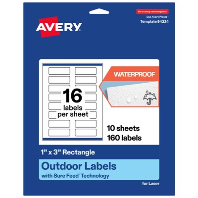Avery Waterproof Rectangle Laser Multipurpose Labels, 1 x 3, White, 160/Pack (19479399252)