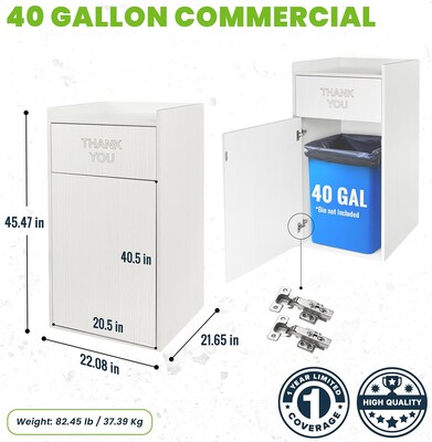 Alpine Industries Wood Trash Can Enclosure with Tray Top, 40 Gallon, White, 2/Pack (476-WHI-2PK)