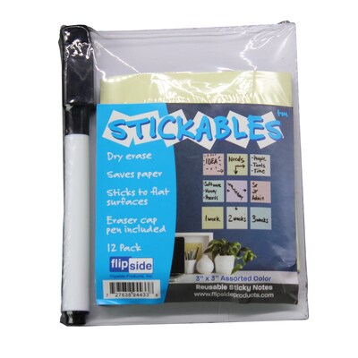 Flipside Products Dry Erase Stickables with Dry Erase Marker, Assorted Pastel Colors, 3" x 3", 12 Per Pack, 4 Packs (FLP96633)