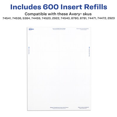 Avery Insert Refills Name Badge Kit, White, 600/Pack (35392)