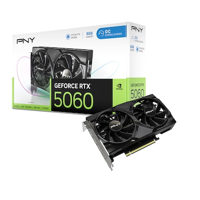 PNY NVIDIA GeForce RTX 5060 OC Dual Fan PCIe 5.0 8GB GDDR7 Gaming Graphics Card, 2280 MHz Core, Black (VCG50608DFXPB1-O)