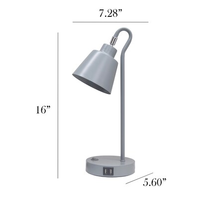 Simple Designs Sleek Essentials LED Desk Lamp, 16", with USB Ports, Gray (LD1073-GRY)