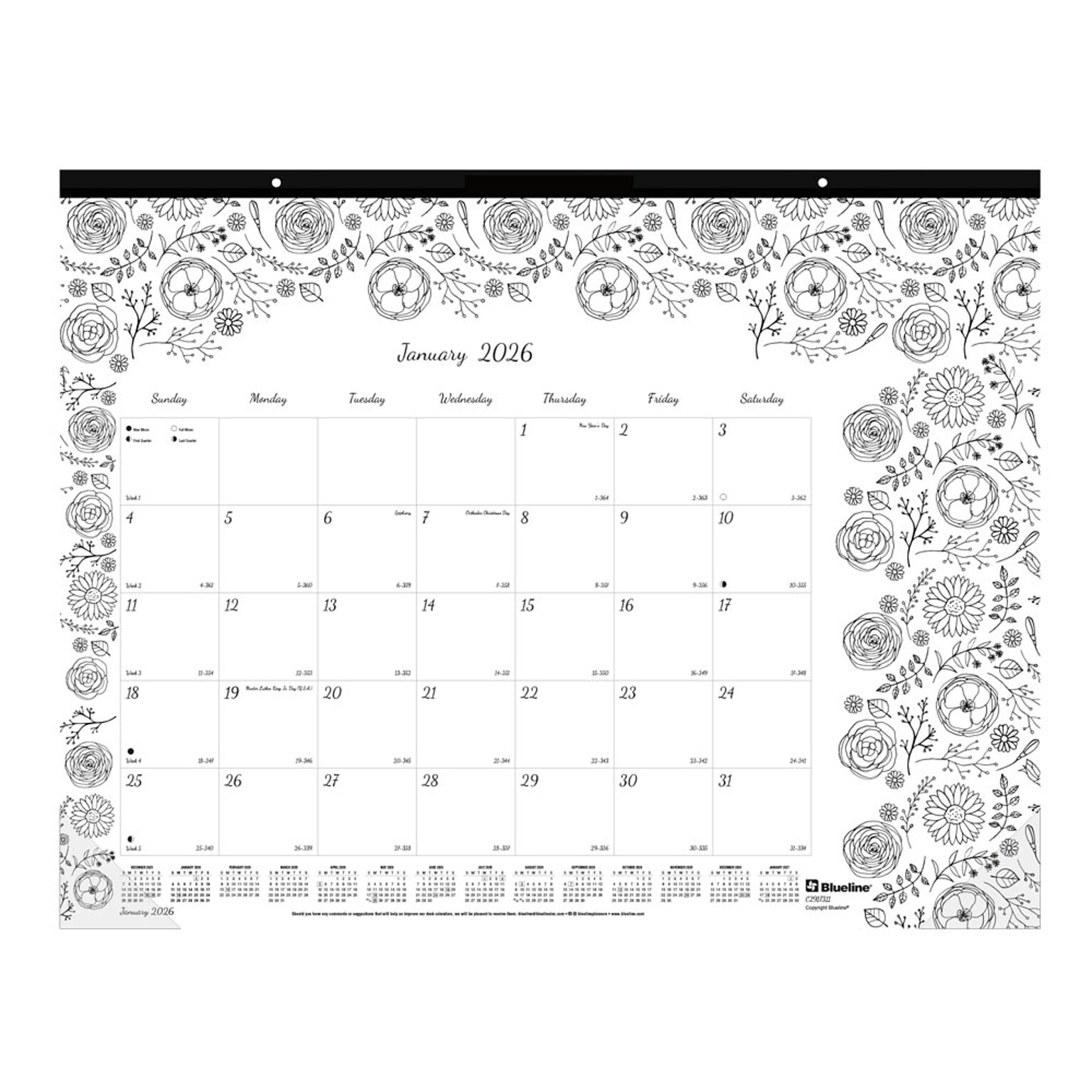 2026 Blueline DoodlePlan 22 x 17 Monthly Desk Pad Calendar, Black/White (C2917311)