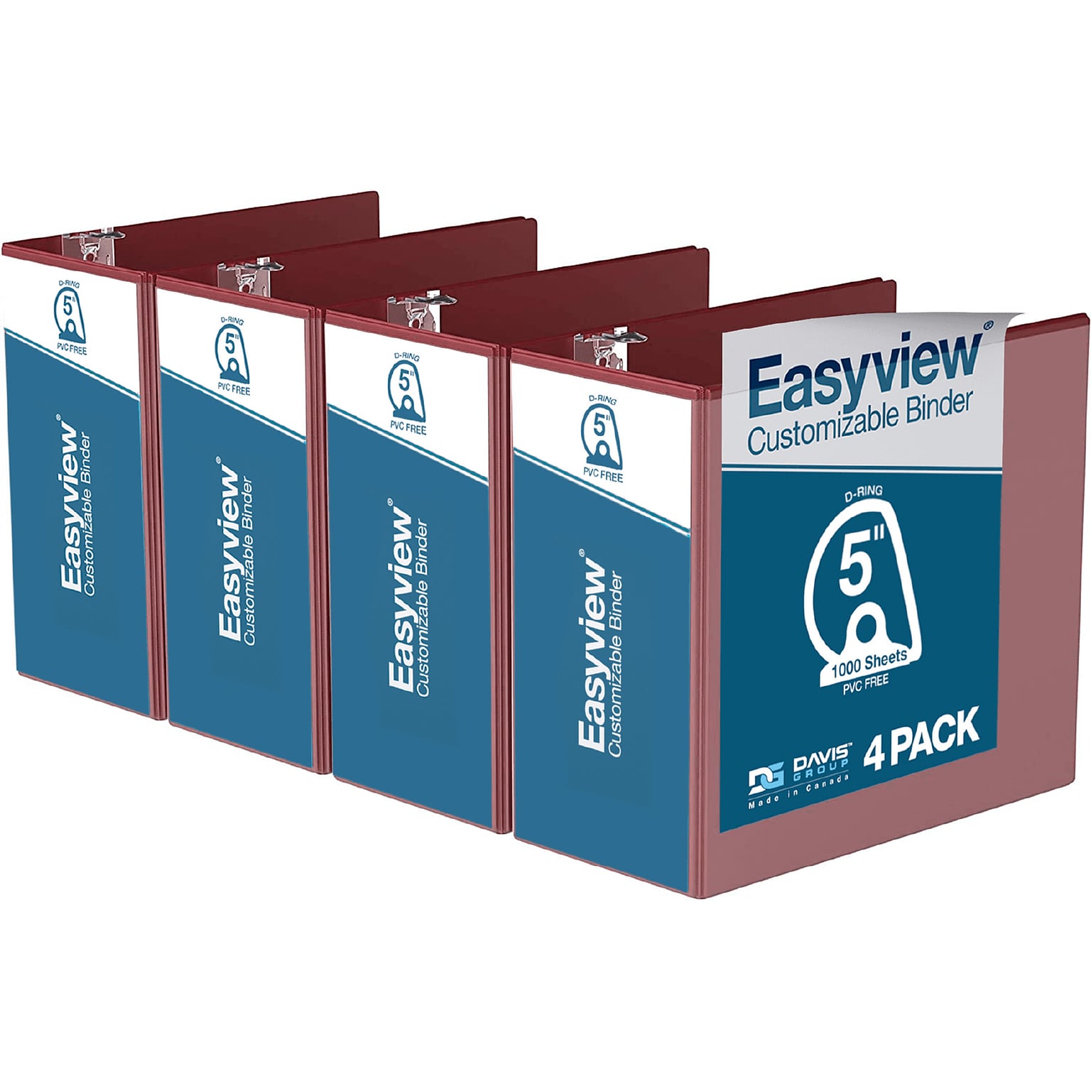 Davis Group Easyview Premium 5 3-Ring View Binders, D-Ring, Burgundy, 4/Pack (8407-08-04)