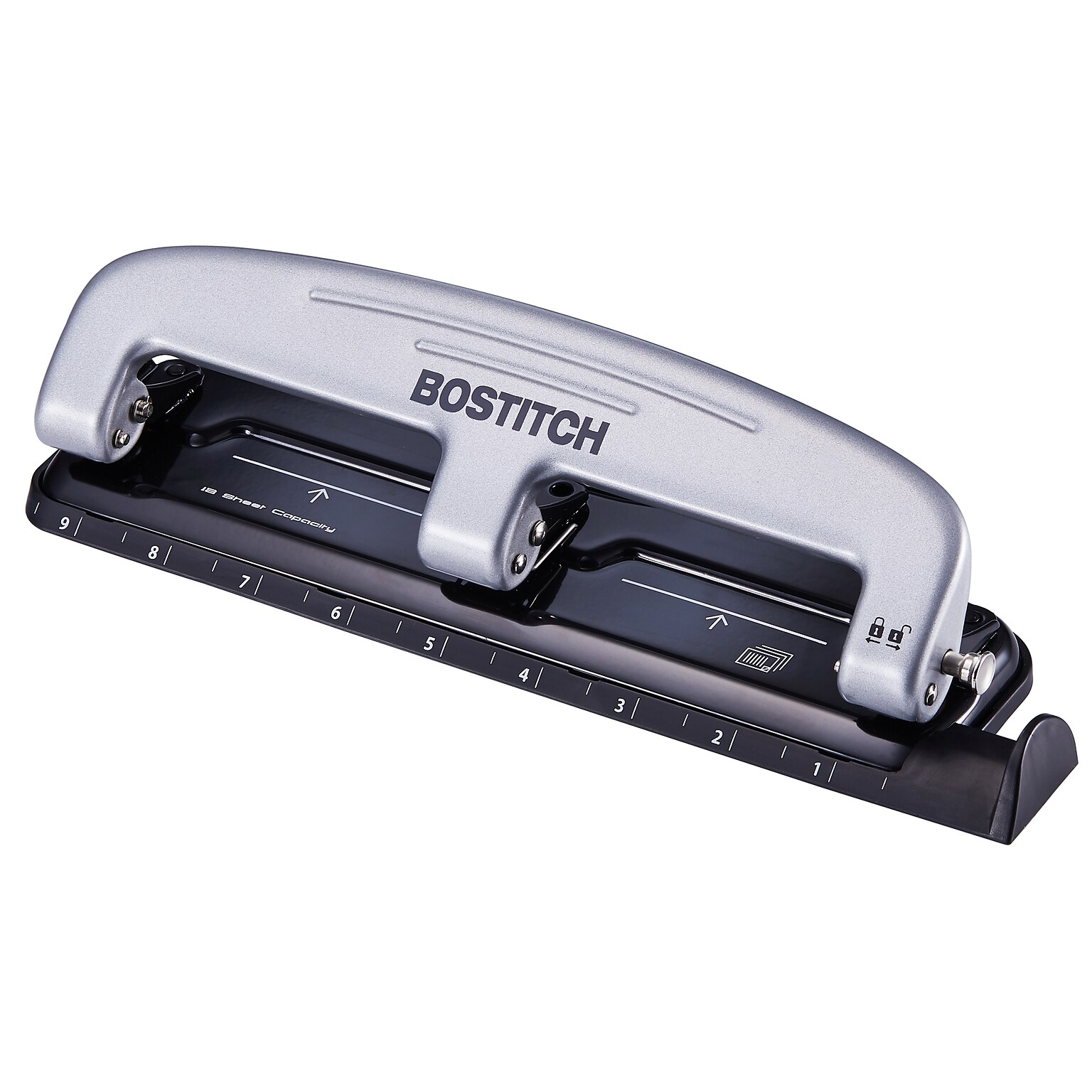 Bostitch EZ Squeeze 3-Hole Punch, 12 Sheet Capacity, Silver/Black (ACI2101)