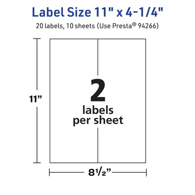 Avery TrueBlock Laser/Inkjet Rectangle Multipurpose Labels, 11" x 4.25", White, 20/Pack (94266)