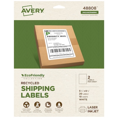 Avery EcoFriendly Shipping Labels, Matte White, 5-1/2 x 8-1/2, Laser/Inkjet, 2 Labels/Sheet, 20 Labels Total (48808)