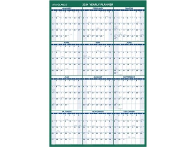 2024 AT-A-GLANCE 24" x 36" Yearly Wet-Erase Wall Calendar, Reversible, Green (PM210-28-24)