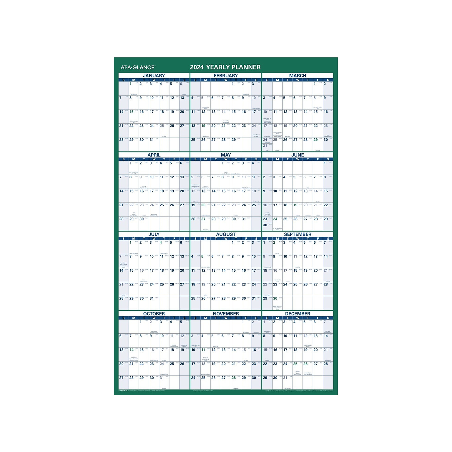 2024 AT-A-GLANCE 24 x 36 Yearly Wet-Erase Wall Calendar, Reversible, Green (PM210-28-24)